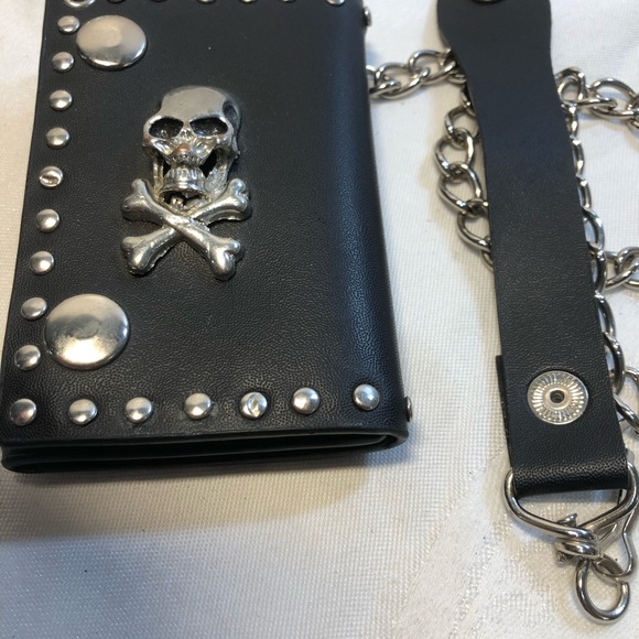 Skull faux Leather Chain Studded Trifold Wallet - Picture 3 of 13